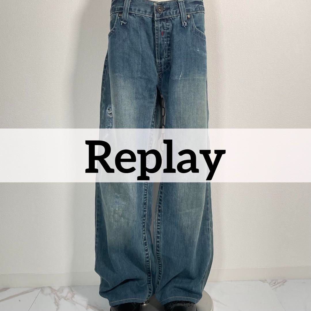 00s Replay ヴィンテージ加工 ダメージデニム ワイドジーンズ Y2K グランジ サイズ36 XLサイズ