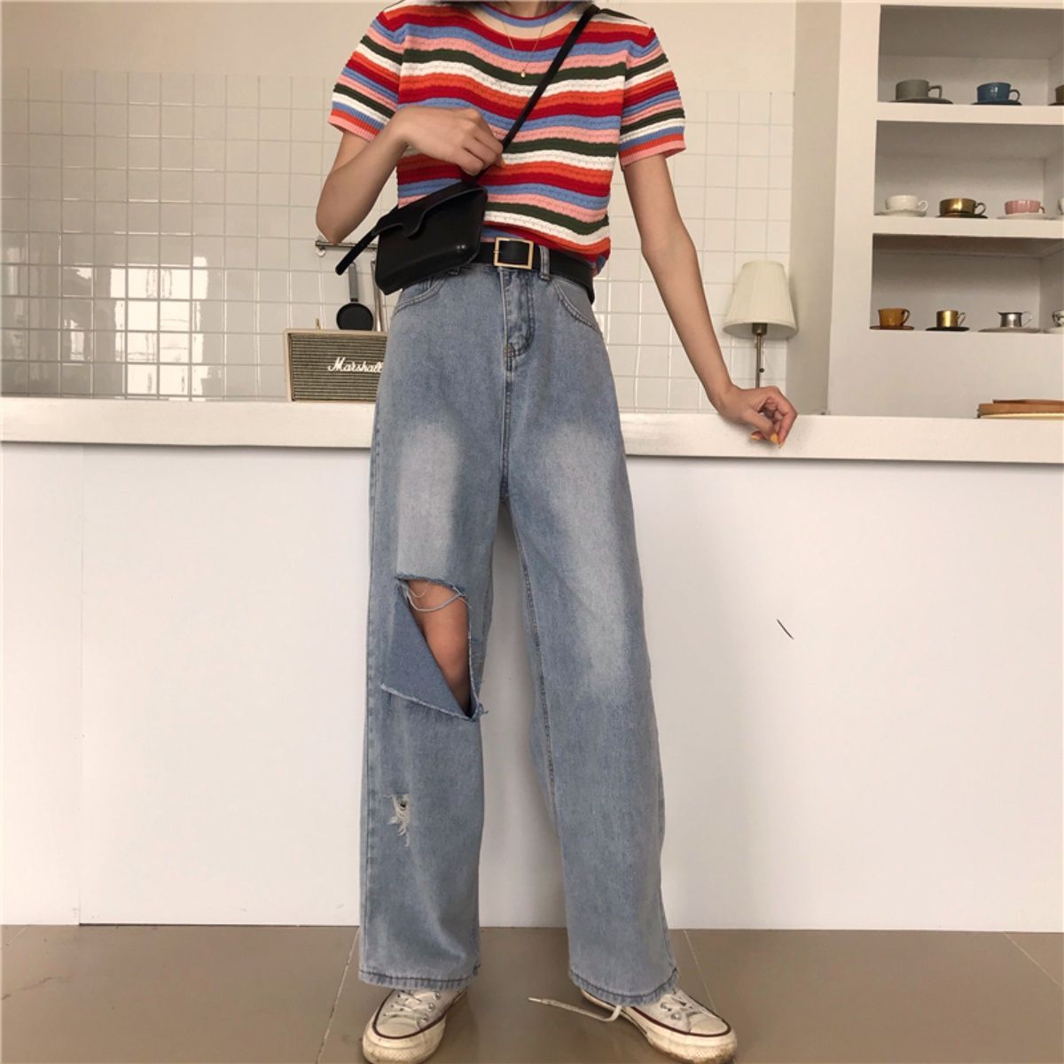 ダメージ デニム ワイド パンツ ジーンズ 大きいサイズ