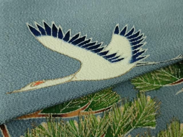 平和屋本店□極上 浦野理一 金彩友禅 色留袖 飛鶴松文 青藤色地 鬼しぼ