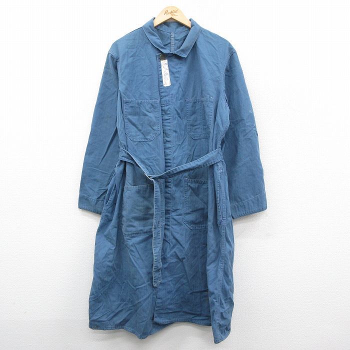 L|古着 長袖 ガウン ショップコート メンズ 80s ヘリンボーン ロング丈 紺 ネイビー spe 25oct21 アウター