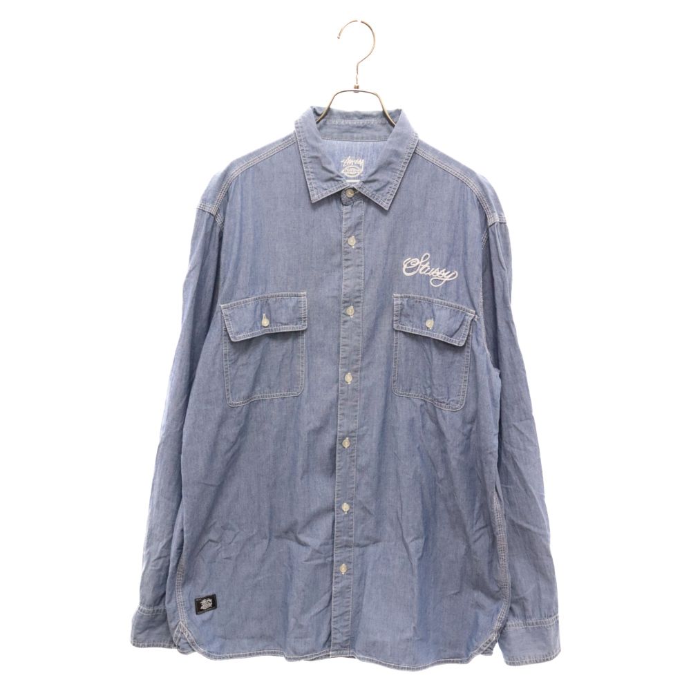 STUSSY (ステューシー) 11SS × Dickies ディッキーズ フロント刺繍 シャンブレー 長袖シャツ インディゴ