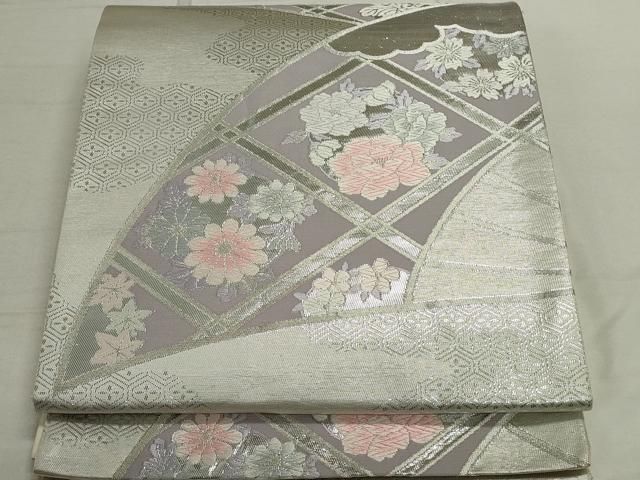 平和屋着物◎六通柄袋帯 唐織 扇面花文 銀糸 正絹 逸品 DAAS7243xg