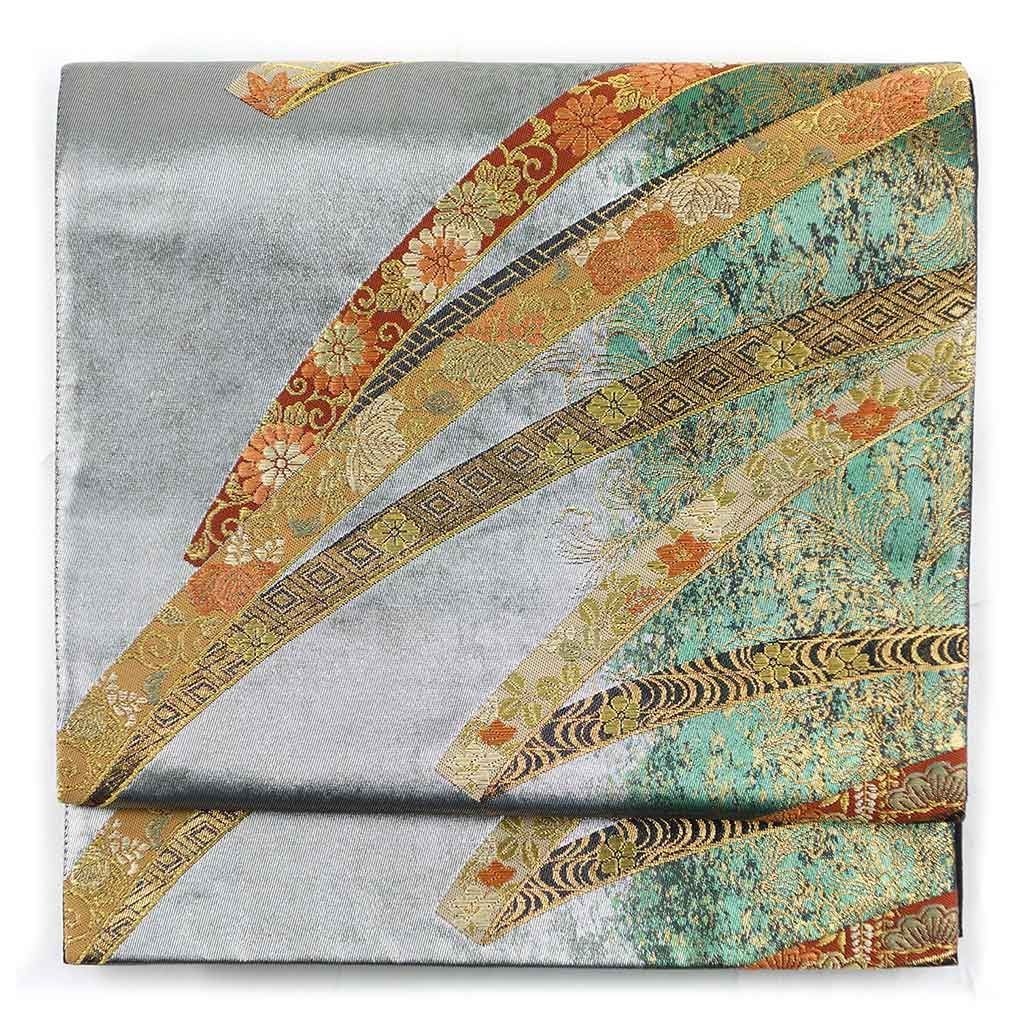 袋帯 幅30.5cm 長さ430cm レディース 連続模様 秋冬春用 正絹 シルク シルバー リメイク リユース リサイクル 呉服のきくや