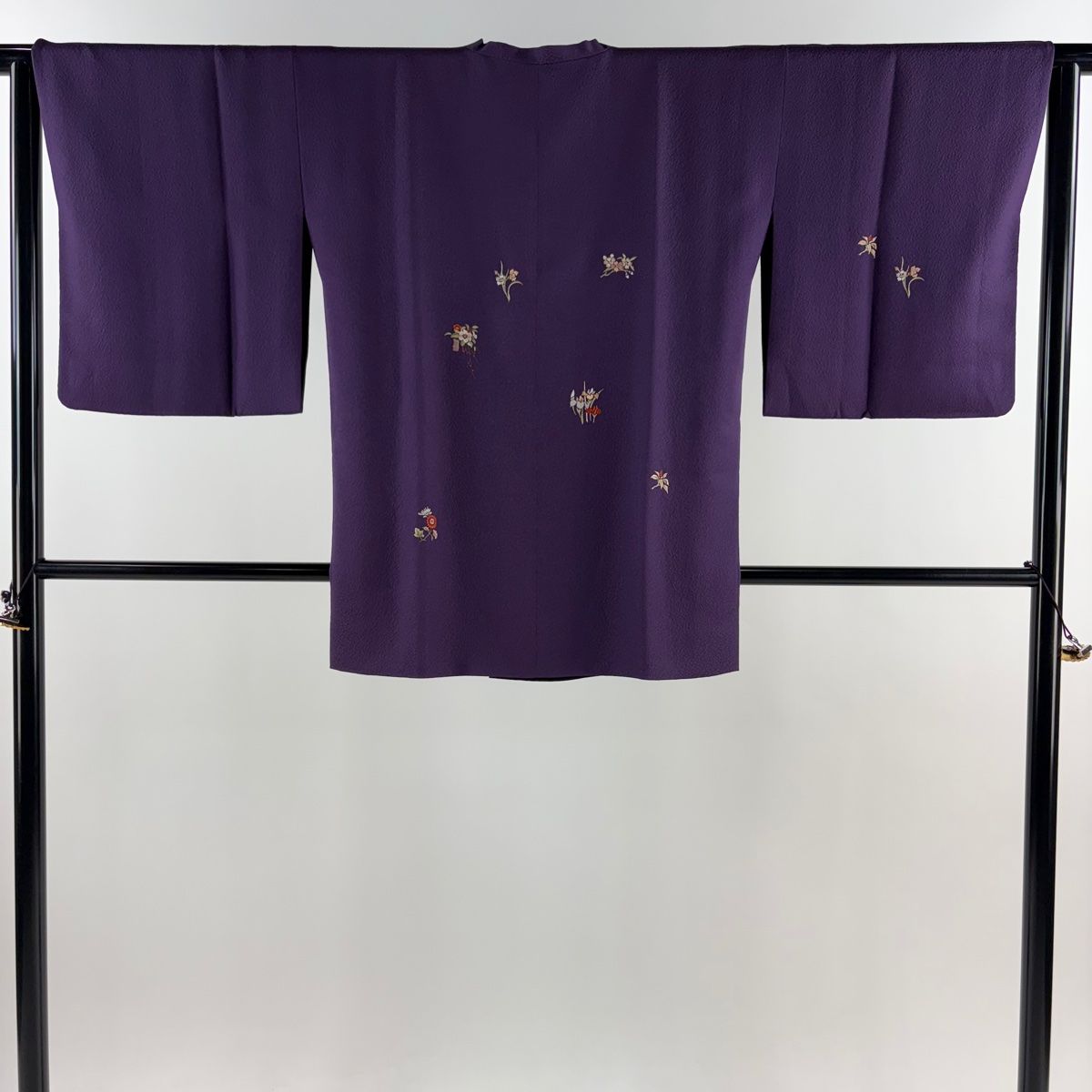 道行 身丈80cm 裄丈64cm M 和装コート 角衿 花籠 草花 刺繍 金糸 濃紫 正絹 名品