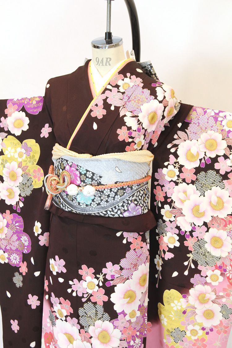 振袖フルセット 6点セット 花尽くし 桜 華やか 最高級 こげ茶 桜柄