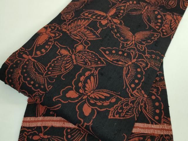 平和屋本店■極上　浦野理一　経節紬　型染　九寸名古屋帯　舞蝶文　黒地　たとう紙付き　逸品　DZAB1259kh5 平和屋本店□極上 浦野理一 経節紬 型染 九寸名古屋