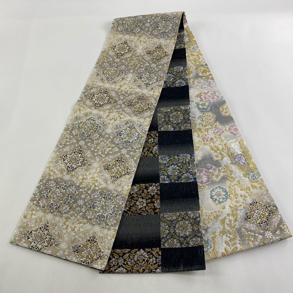 正絹 袋帯 太鼓柄 辻が花 豪華絢爛 未使用品 逸品 袋帯 美品 名品 手先四通り 華文七宝 辻が花柄 金糸 箔 灰白