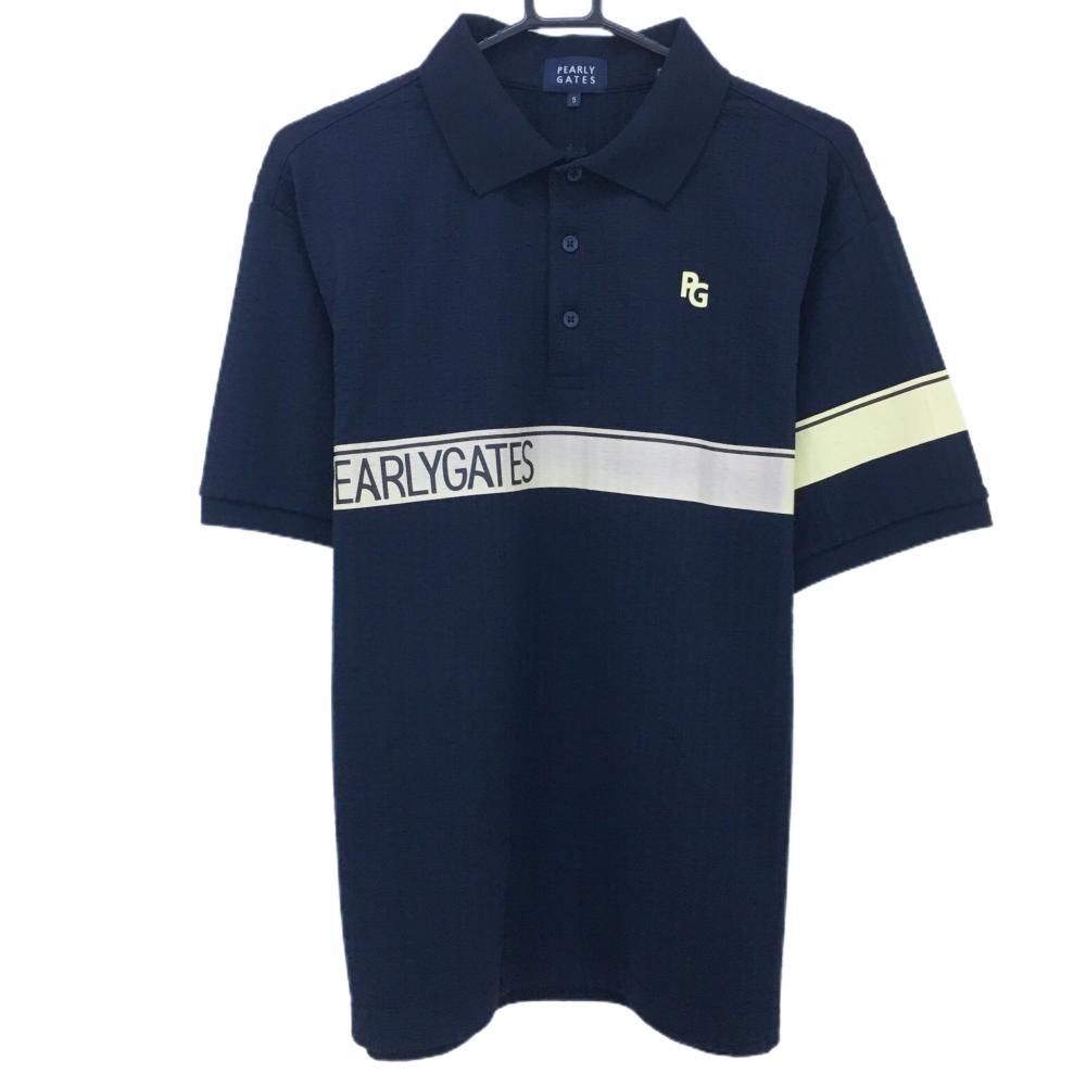 美品】パーリーゲイツ 半袖ポロシャツ ネイビー×ベージュ 胸元ライン