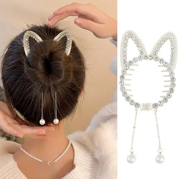 ヘアクリップ☆ラインストーン☆猫耳シルバー・銀色 - ヘアアクセサリー