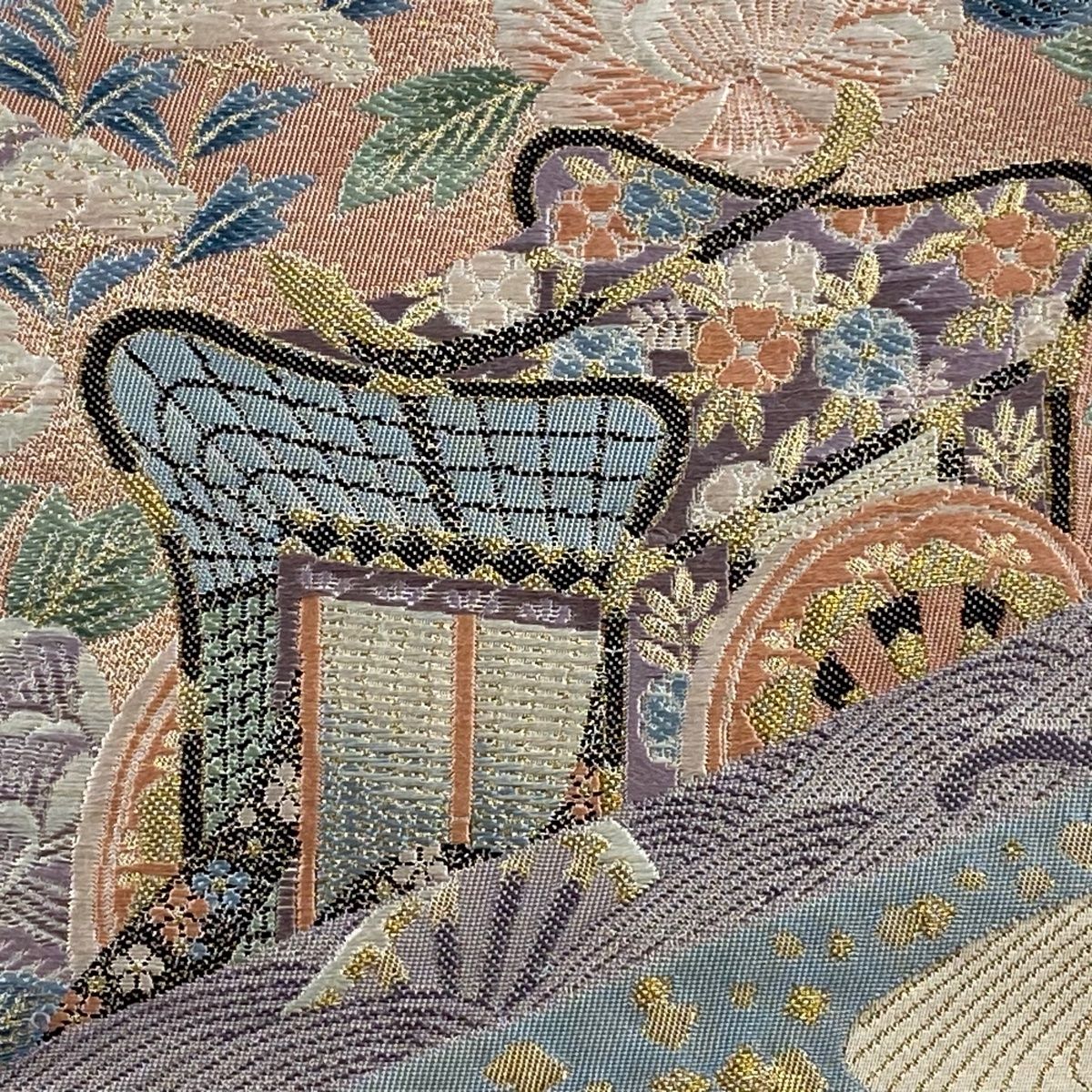 袋帯 美品 秀品 九百錦袋純金箔 御所車 草花 金糸 薄紫 六通