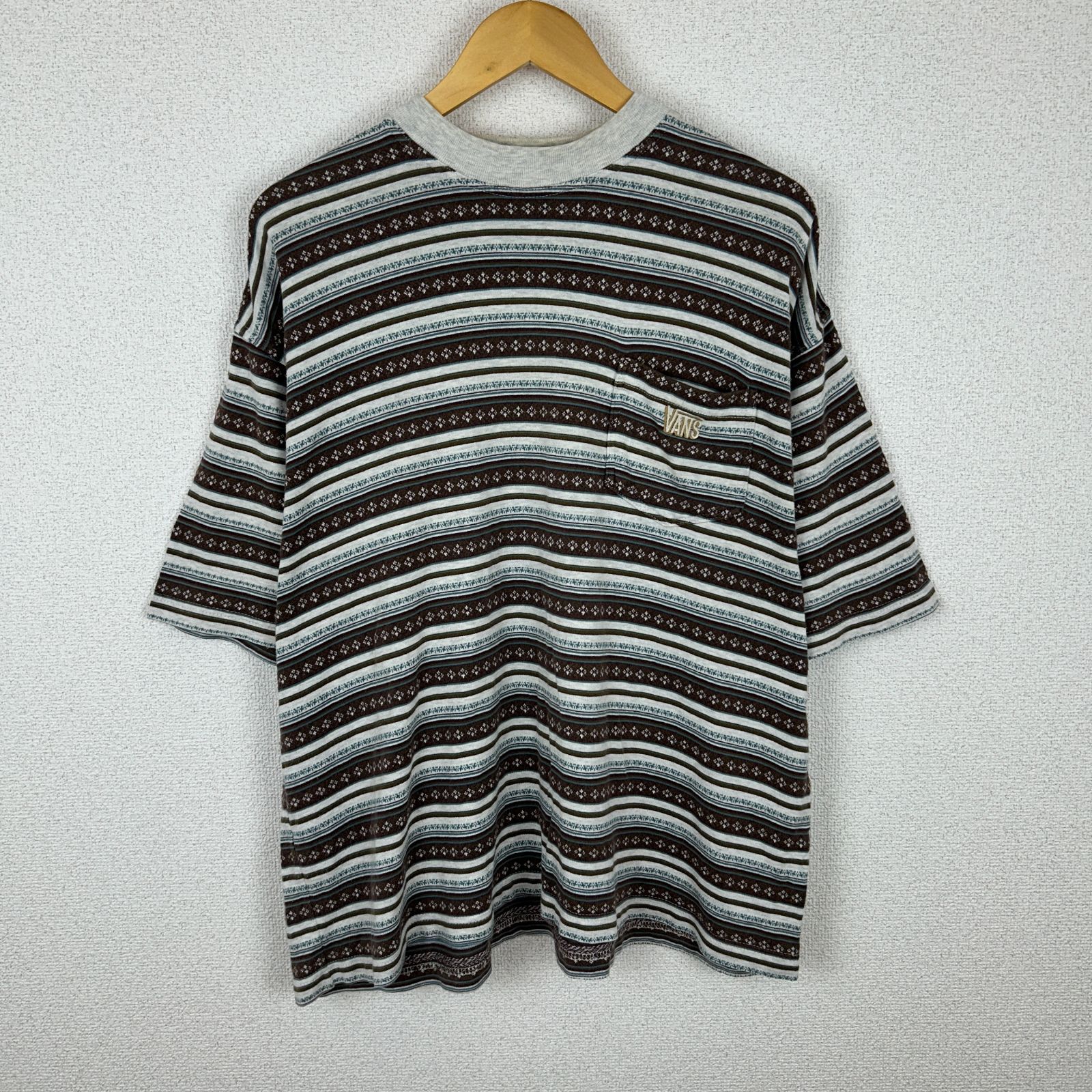 90s VANS ヴァンズ Tシャツ ボーダー 総柄 刺繍ロゴ アースカラー L 