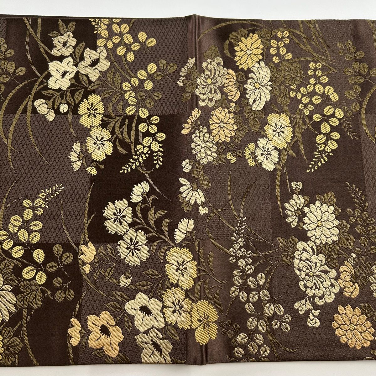 袋帯 染め帯 金彩加工 濃グレー 変わり市松 萩 丸文 絹 新古品