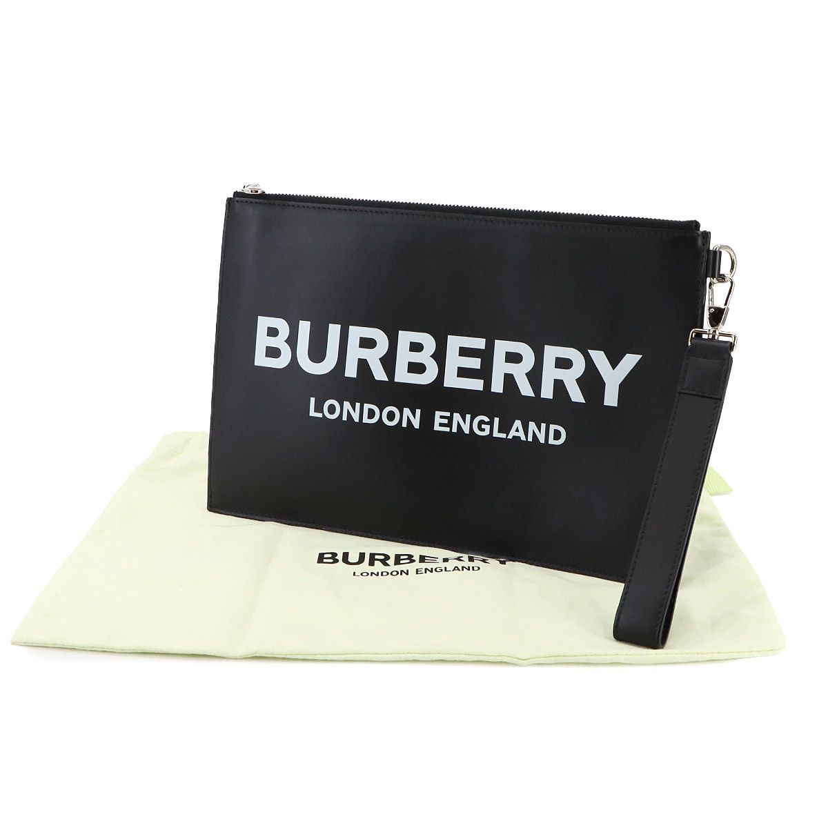 バーバリー BURBERRY ロゴプリント クラッチ バッグ レザー ブラック 8009214 シルバー 金具 Clutch Bag 90297683