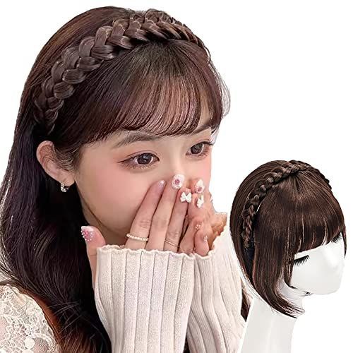 ライトブラウン AMOXO 空気感 前髪ウィッグ エアリーバング 三つ編みウィッグ付 カチューシャ ストレート レディース ポイント 高級耐熱 部分ウィッグ 簡単 結婚式 (ライトブラウン)