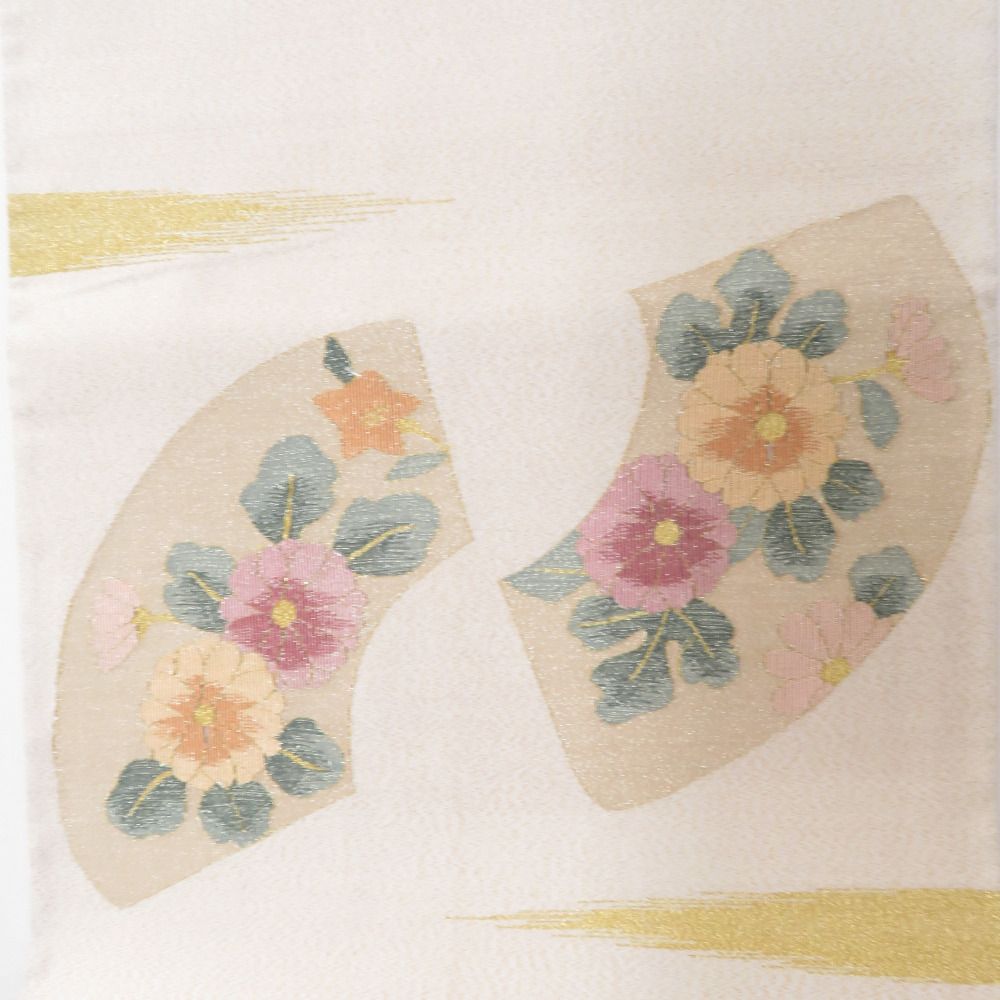 袋帯 正絹 つづれ織り 金糸 地紙花鳥文様 ベージュ色x金色x多色