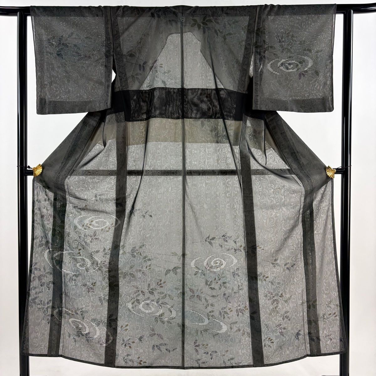 訪問着 身丈152cm 裄丈60cm S 紗袷 枝花 流水 染分け 墨色 正絹 秀品 一つ紋