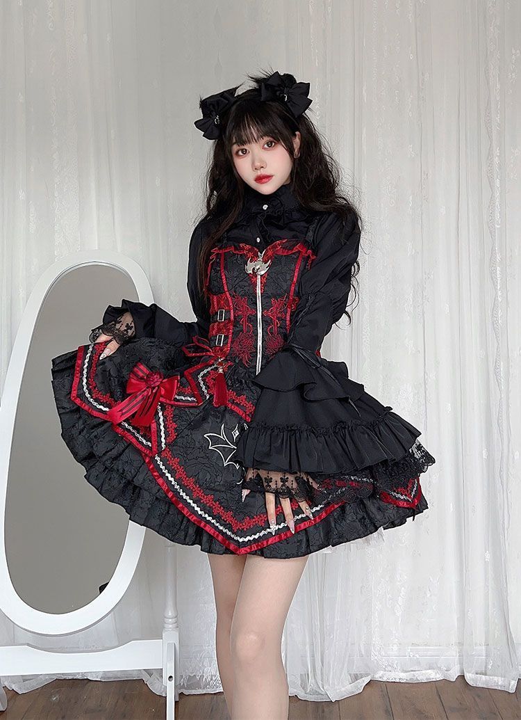 ゴスロリ ロリータドレス 宮殿風 リボン 姫ティアードスカート