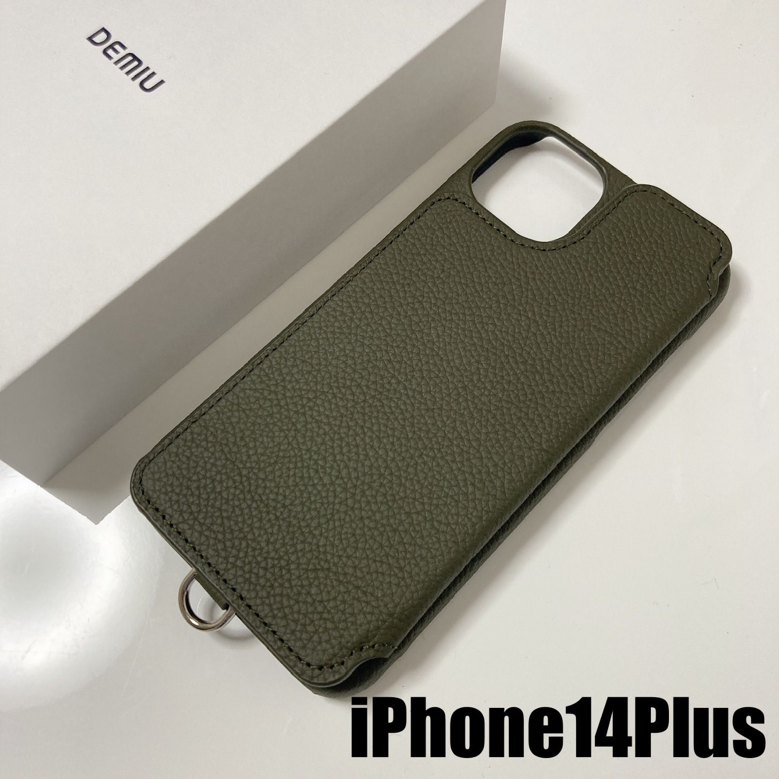 【iPhone14Plus】新品DEMIUデミュウdemiurvoデミウルーボiPhoneケースポシェフラットカーキレザースマホケース携帯ケース