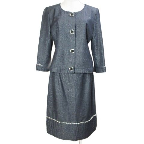 オースチン リード Austin Reed スーツ セットアップ フォーマル ビジュー ノー ジャケット 7分袖 スカート ひざ丈 タイト シルク混 ラメ 紺 ネイビー 40 L相当 X