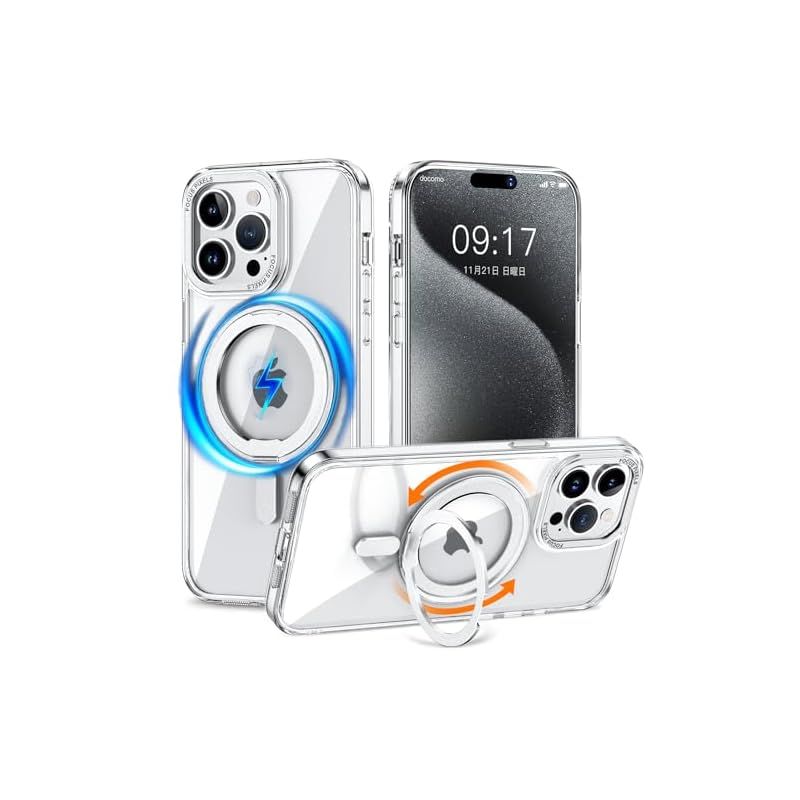 超激得，人気 KMAMBNG iPhone 14 Pro 用 ケース 縦横両対応 リング 【多機能360度回転スタンド】MagSafe対応 ワイヤレス充電対応 半透明マット スマホケース 米軍規格 耐衝撃 カメラレンズ保護 車載ホルダー対応 6. ソフト・ハードケース