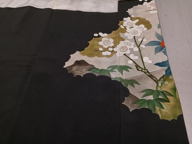 平和屋着物○豪華黒留袖 友禅 駒刺繍 鏡裏双鳥花文