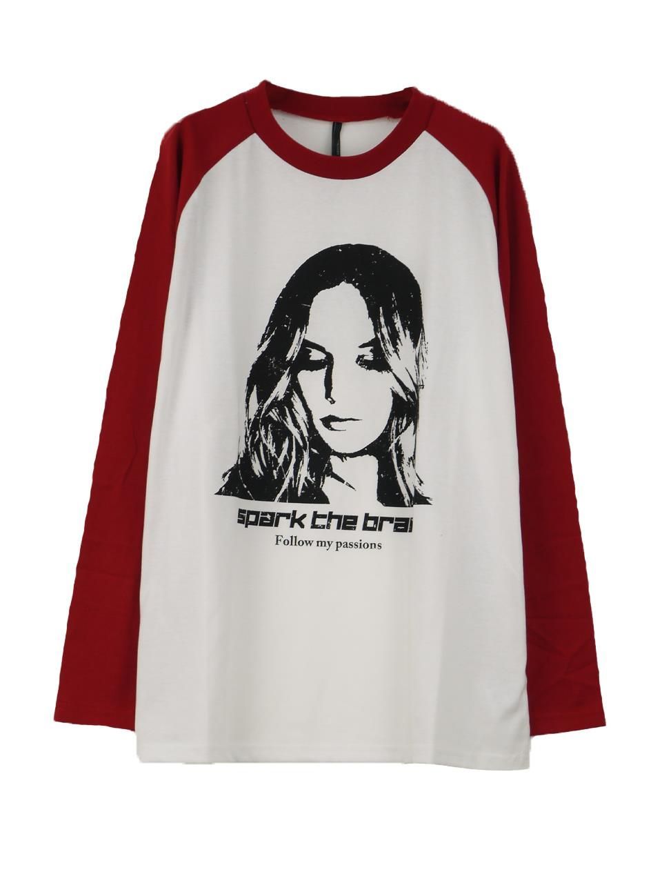 ガールプリント 長袖Tシャツ メンズ ラグラン 配色切替え デザイン ロンT お洒落T ゆったり R061002-05 レッド S