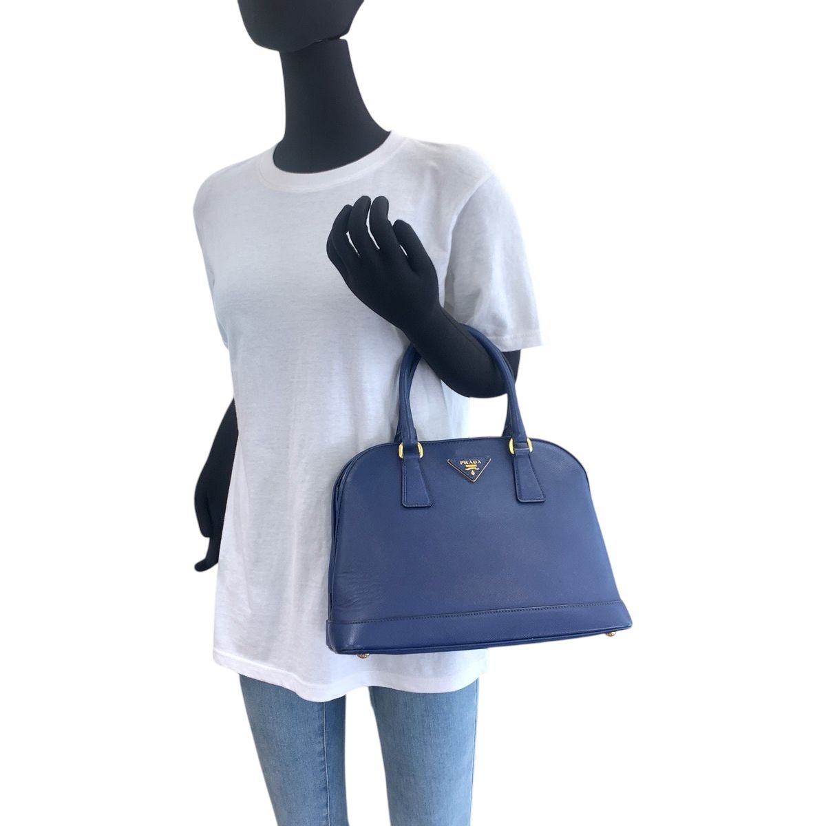 美品 PRADA プラダ サフィアーノ 三角ロゴプレート ブルー ゴールド  