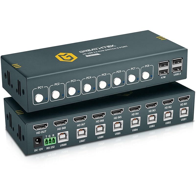 HDMI KVMスイッチ 8入力1出力、4K@30Hz / USB2.0、ボタン切り替えとホットキー機能対応、KVM切替器、RS232ポート、EDID機能、USB A-Bケーブル8本とDC 12V電源アダプター付属 1