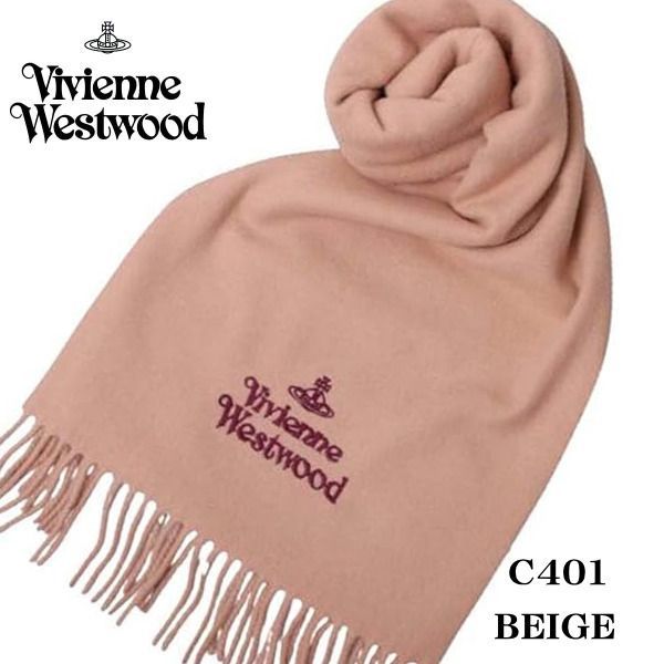 Vivienne Westwood ヴィヴィアン ウエストウッド マフラー MUFFLER BEIGE ベージュ系 ワンポイント ロゴタイプ C401 ウール100％ イタリー製 2025AW