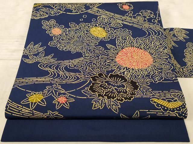 平和屋着物◎塩瀬 九寸名古屋帯 型染め 流水花文 正絹 逸品