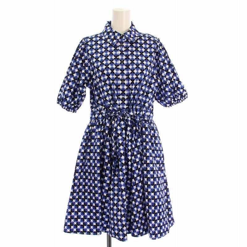 ケイトスペード KATE SPADE パティオタイルシャツドレス フ ワンピース ひざ丈 五分袖 レギュラー 総柄 S 青 ブルー KB063 |BB