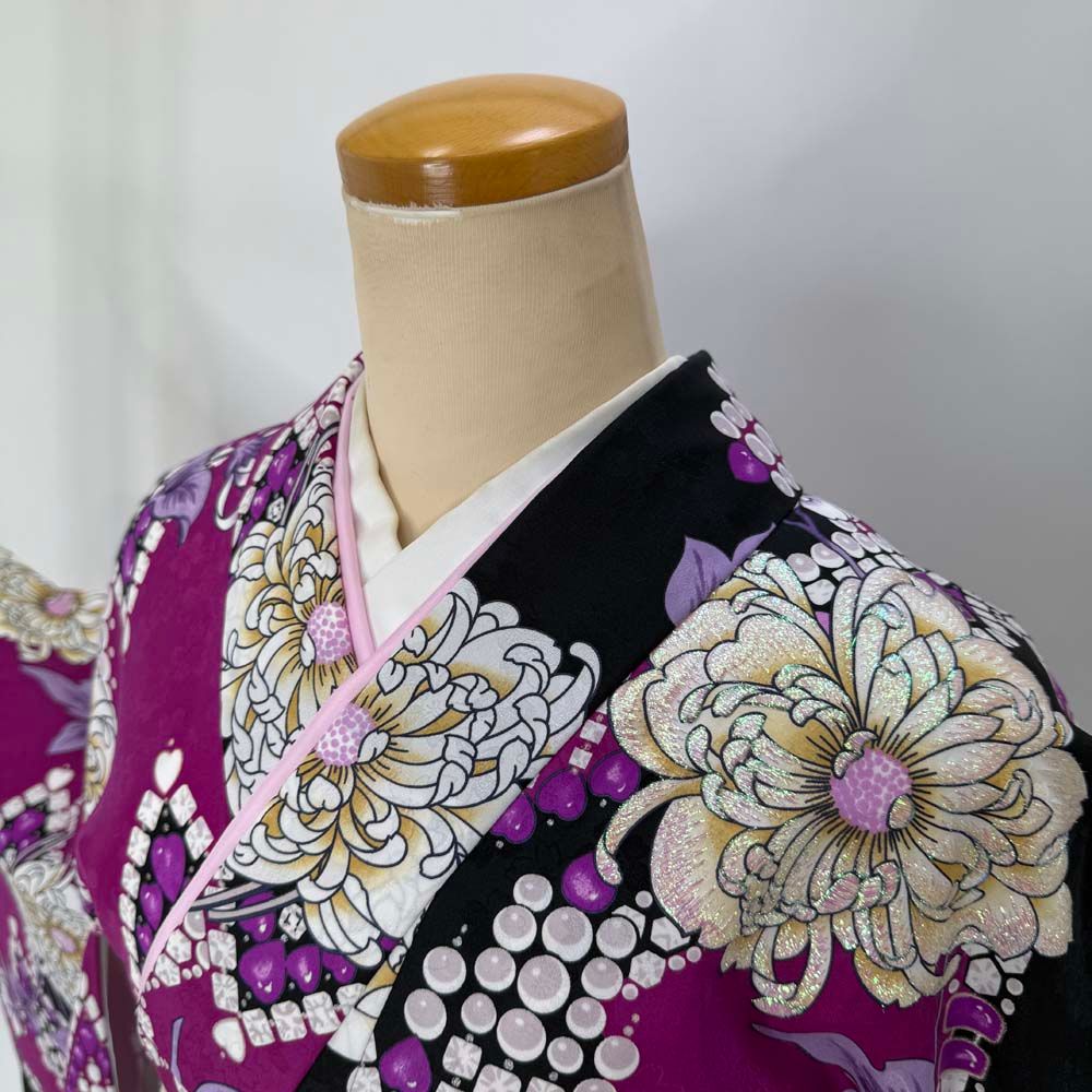 二尺袖 単品 卒業式着物 黒 紫 裄67cm Lサイズ 袴用着物 化繊 4675