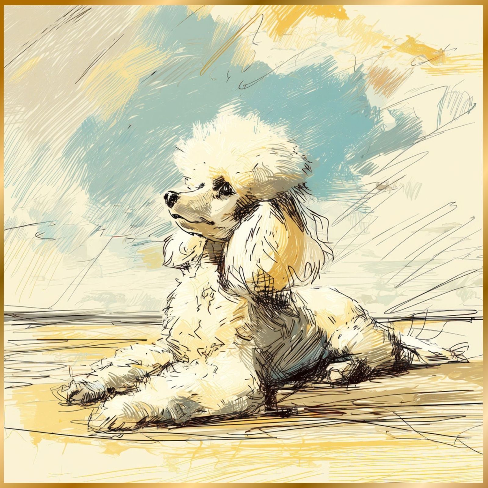 プードル犬とビーチのスケッチ No.2 トイプードル 海 犬の絵 犬のイラスト おしゃれ ミニマリスト ミニマリズム シンプル インテリアアート ペットロス うちの子 記念日 アートポスター ギフト プレゼント