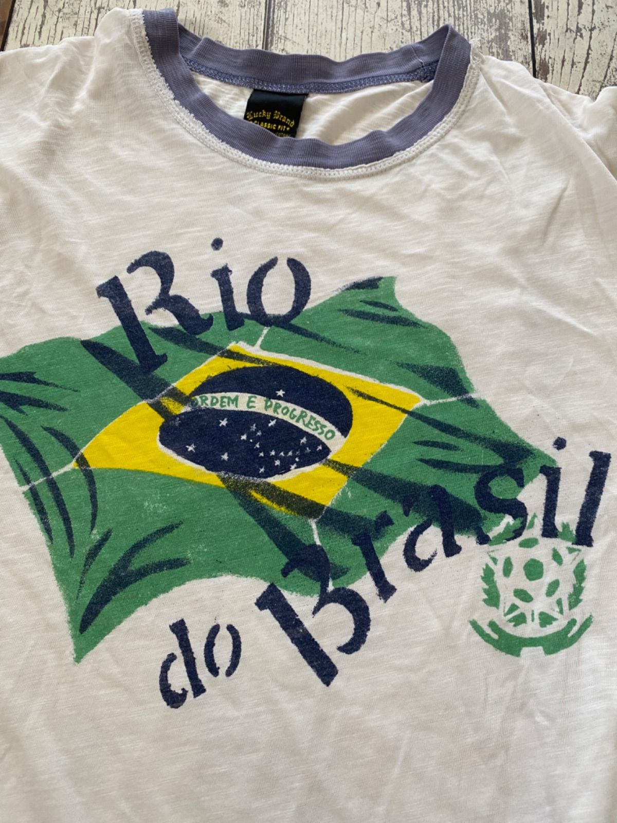 USA古着　Lucky Brand ブラジル国旗 リンガーTシャツ 半袖　M 半袖Tシャツ　メンズ