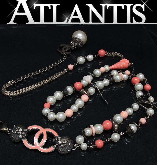 シャネル CHANEL ヴィンテージ パールチェーンベルト ココマーク シェルモチーフ ピンク×ホワイト 05 C 72084