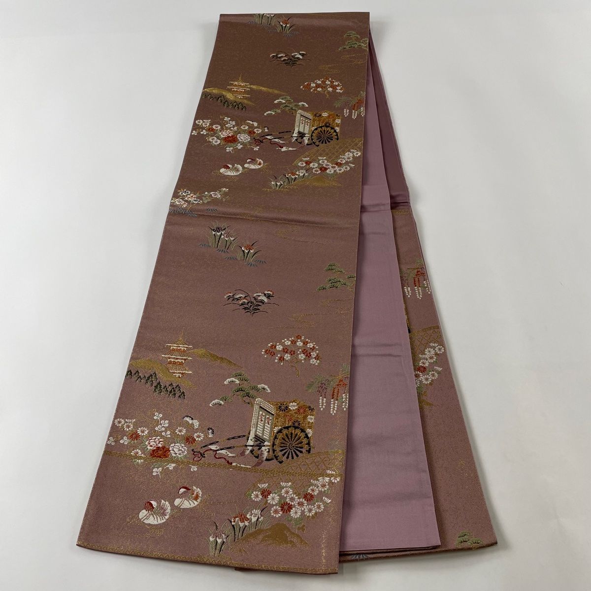 袋帯 美品 秀品 関西仕立て 御所車 鴛鴦 金糸 箔 薄紫 六通 正絹