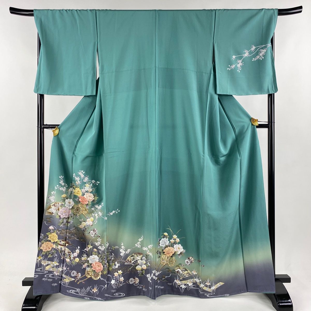訪問着 身丈165.5cm 裄丈68.5cm L 袷 花車 鼓 金銀彩 刺繍 青緑