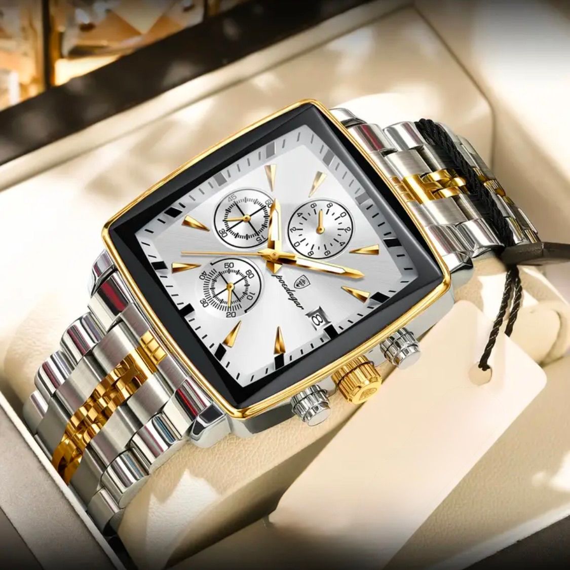 角型クロノグラフ　オマージュ品 新品 POEDAGAR オマージュウォッチ クロノグラフ ステンレスストラップ