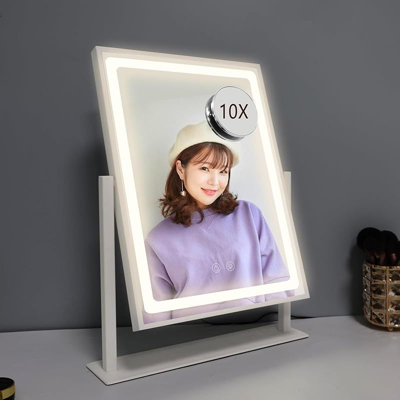 AMZTOLIFE 女優ミラー LEDライト付き 大きい ハリウッドミラー 10倍拡大鏡 3色調節 無段階調光 360度回転 タッチ式 化粧鏡 自然光再現 高色彩還元 電源コード式 鏡 卓上 （ミラーサイズ：41*30CM） 1