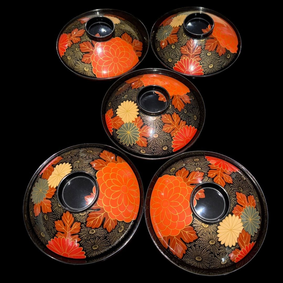 漆器　輪島塗　金蒔絵　木製　蓋付椀　お煮物椀　吸物椀　10客 輪島塗 汁椀 5客 漆器 蓋付き 天然木 金彩蒔絵南天文様 お椀 雑煮椀