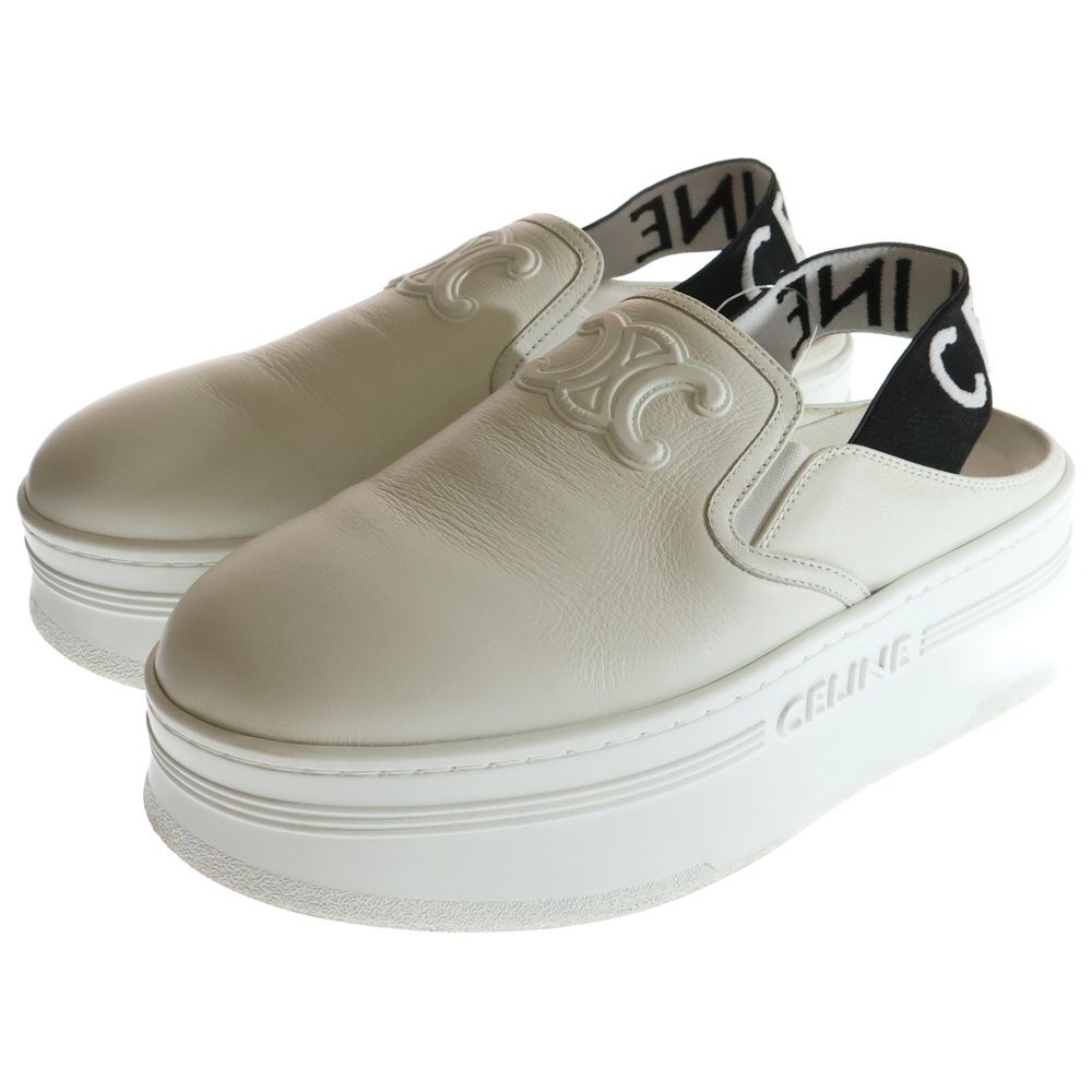 CELINE セリーヌ ブロック ウェッジ ミュール カーフスキン ジャガード テキスタイル レザーサンダル レディース ホワイト 363655147C.01OK