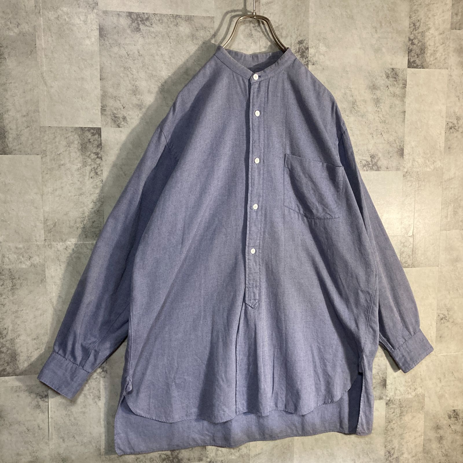 日本製 COMOLI コモリ 長袖 バンドカラー ロングシャツ サックス