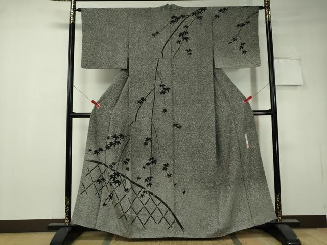 平和屋着物●二代目 川村久太郎　訪問着　籬枝葉文　たたき染め　黒地　小田急百貨店扱い　正絹　逸品　CAAV4721vp 平和屋着物○二代目 川村久太郎 訪問着 籬枝葉文 たたき染め 黒地