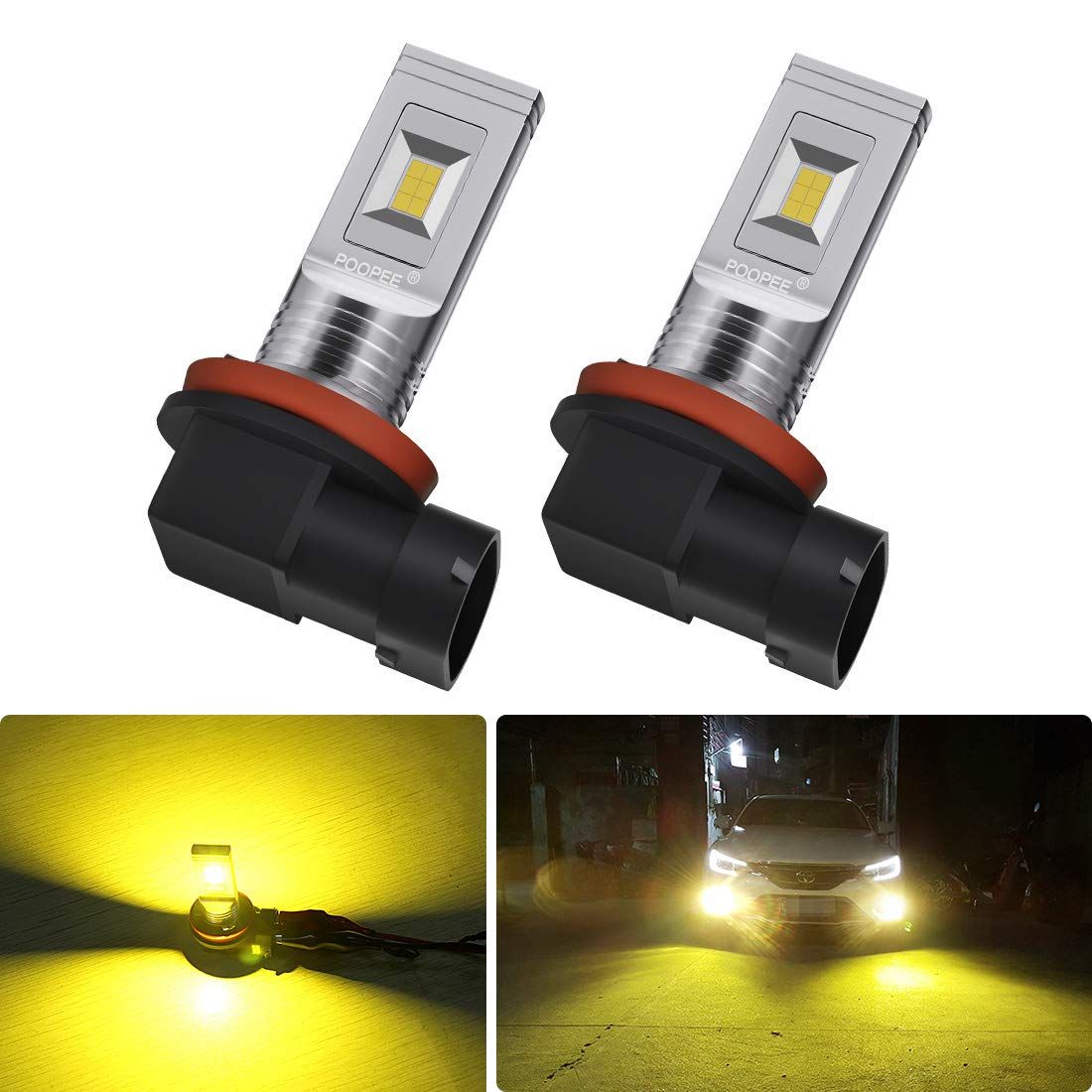【新着商品】LEDフォグランプ H11 H16(国産車) H8 H9 黄色 イエロー-ポーペ(POOPEE) 60W 1200LM 3000K 12V/24V兼用 無極性 CSPチップ搭載 両面発光 2本セット