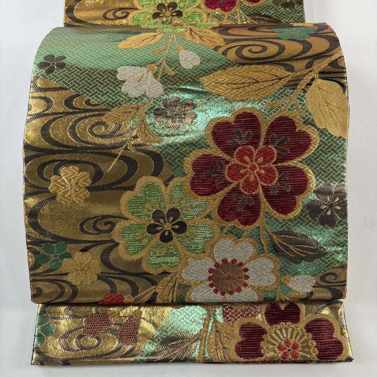 袋帯 秀品 振袖向き 枝垂れ桜 観世水 金銀糸 箔 緑 六通 正絹