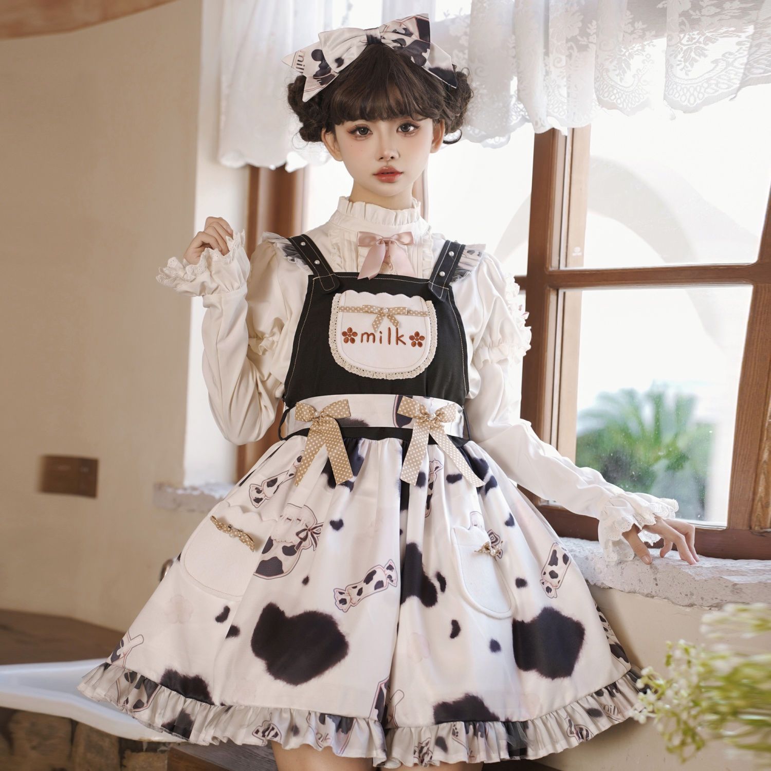 あまにゅうないとう オリジナルデザイン かわいいミルク柄高腰背帶ロリータワンピース 長袖ブラウス 豪華セット 撮影会 文化祭 イベント用 日常服 ハロウィン プレゼントにも最適