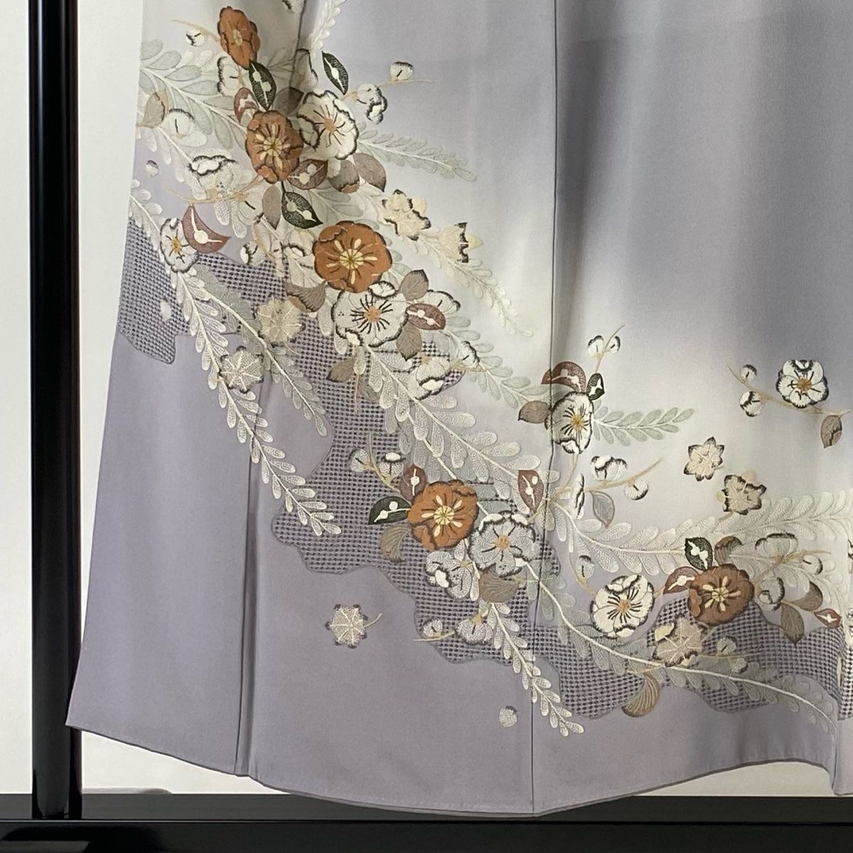 訪問着 身丈153.5cm 裄丈61.5cm S 袷 辻が花柄 相良刺繍 汕頭刺繍 灰紫  