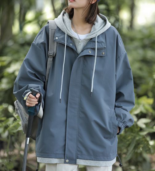 ヘイズブルー×ライトヘザーグレー マウンテンパーカー レディース 春秋 アウター パーカー ゆったり フード付き カジュアル おしゃれ ジャケット 通学 通勤 体型カバー