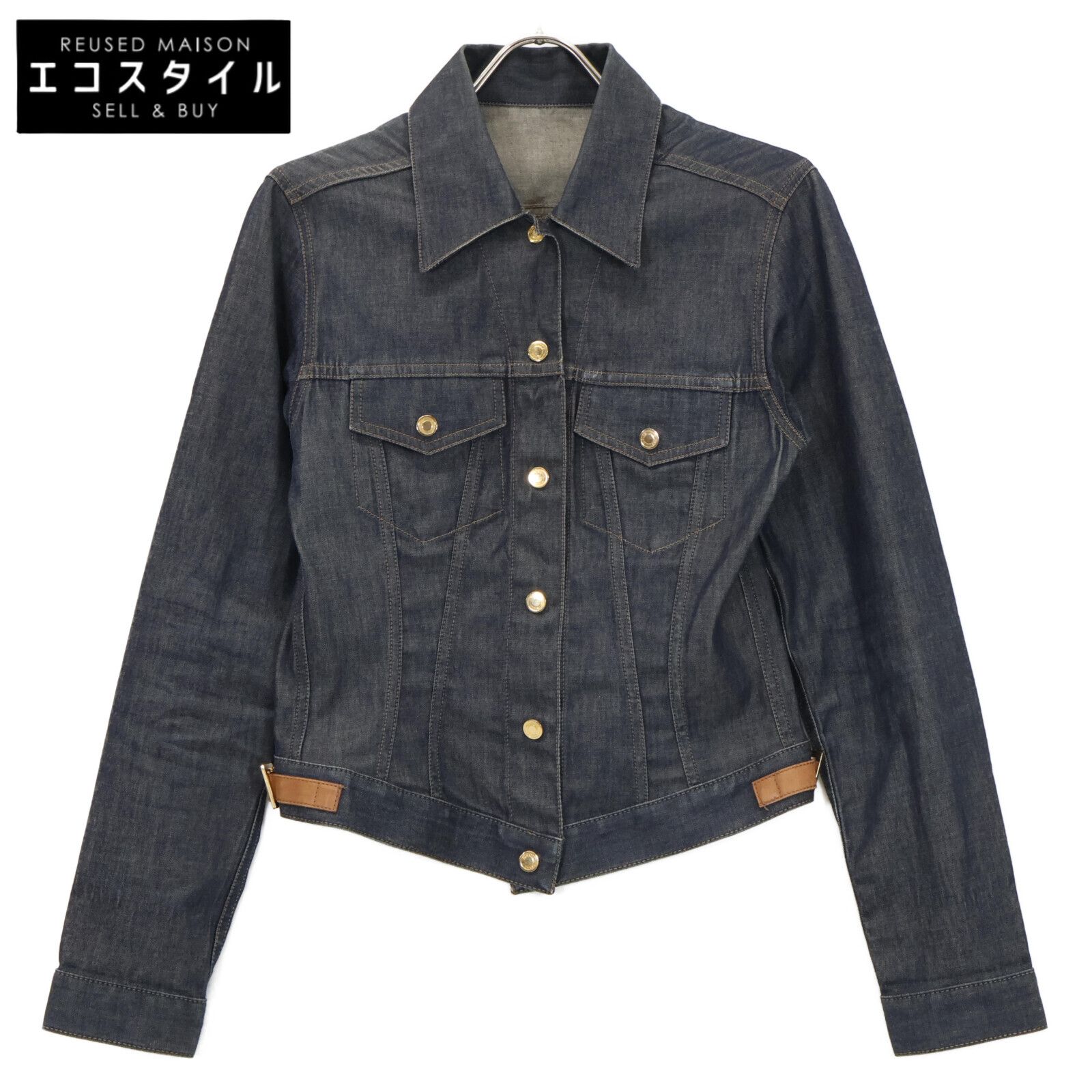 GUCCI グッチ 203-1300-1907 インディゴ コットン×レザ 金釦 デニムジャケット 42