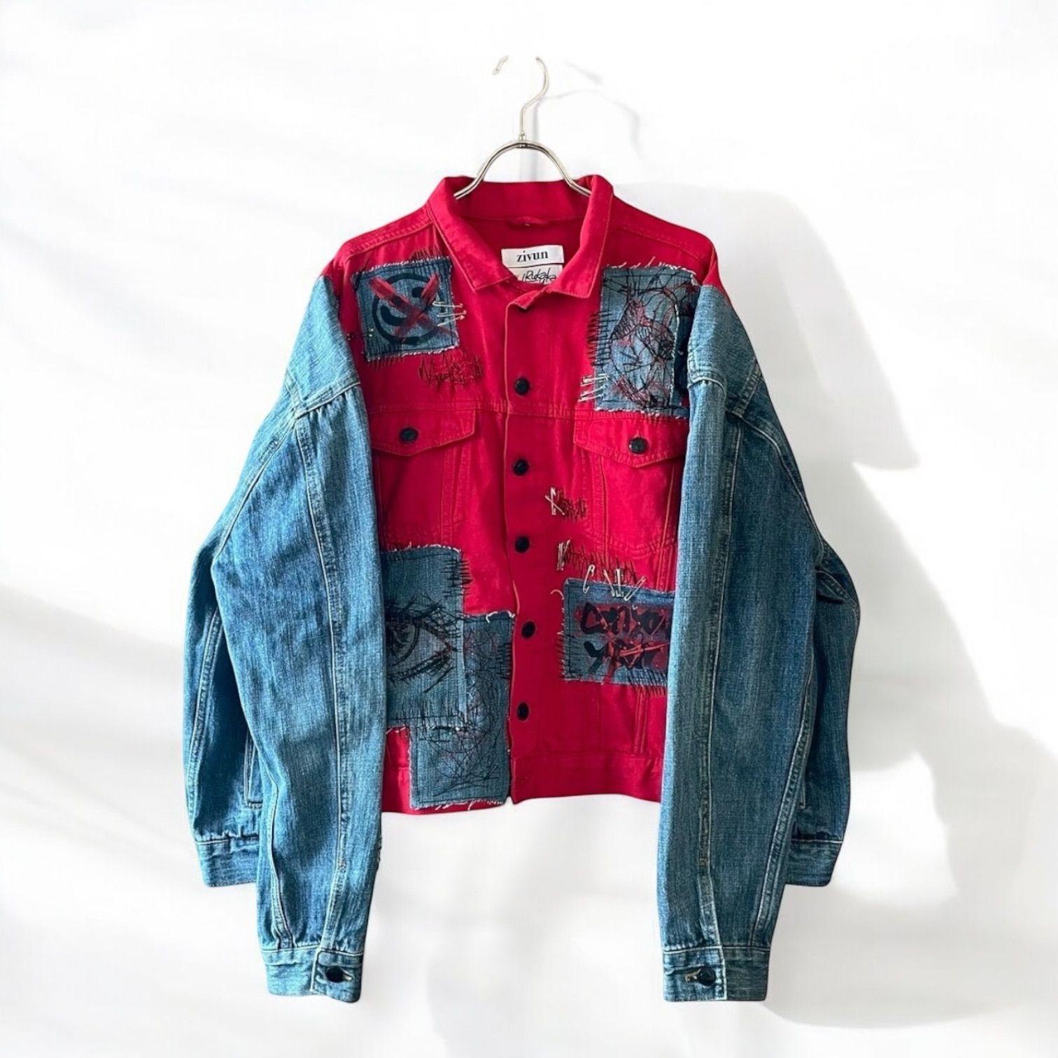 再構築denim jacket リメイク デニム ペイント パッチワーク Gジャン デニムジャケット ブルー レッド レディース remake 再構築 recollect有明ガーデン店